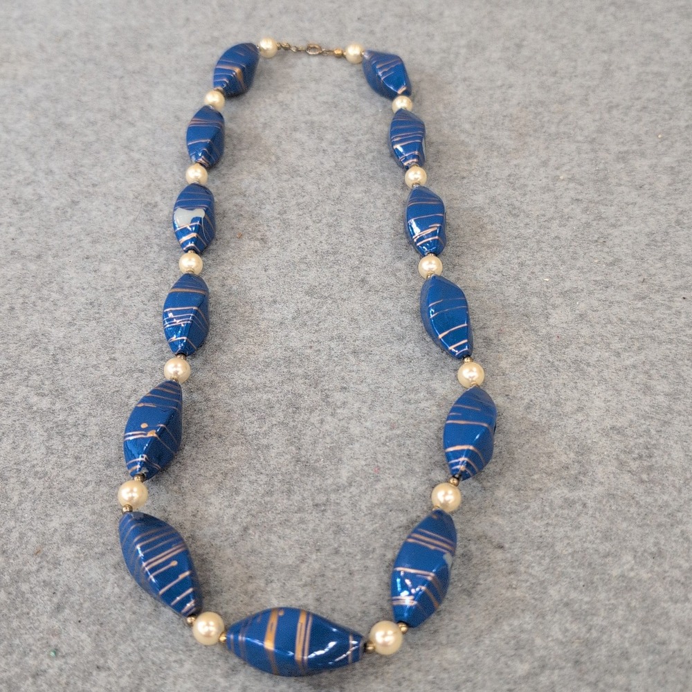 Chic Blue Beaded Necklace with Gold‎ Accents Pearl Accents - Picture 2 of 4